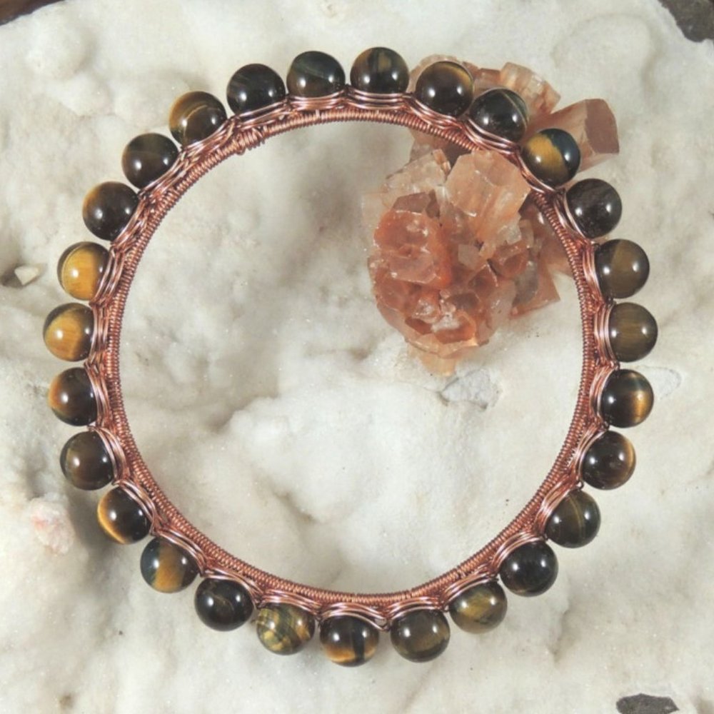 Blue Tiger Eye Copper Wire Wrapped Bangle Bracelet